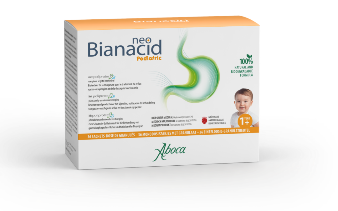NEOBIANACID PEDIATRIC1,2, van de laboratoria ABOCA, een natuurlijke pediatrische oplossing voor reflux, maagzuur en spijsverteringsproblemen