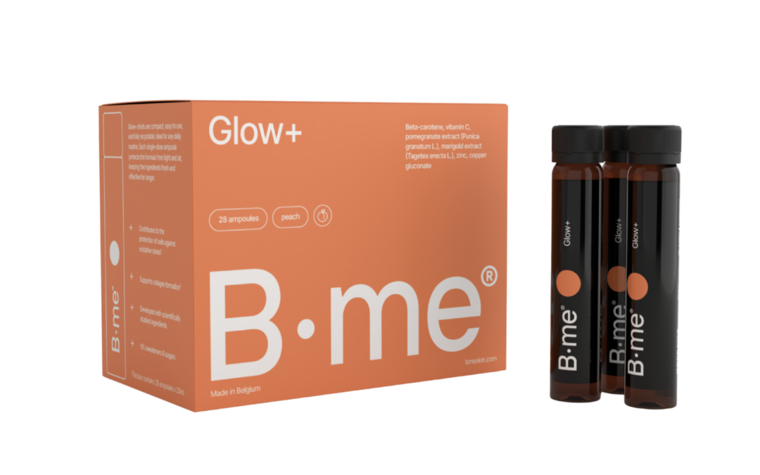 Glow+ Een egale en stralende teint van binnenuit van B.me, een vloeibaar voedings supplement voor de huid in een eenmalige shotdosis.